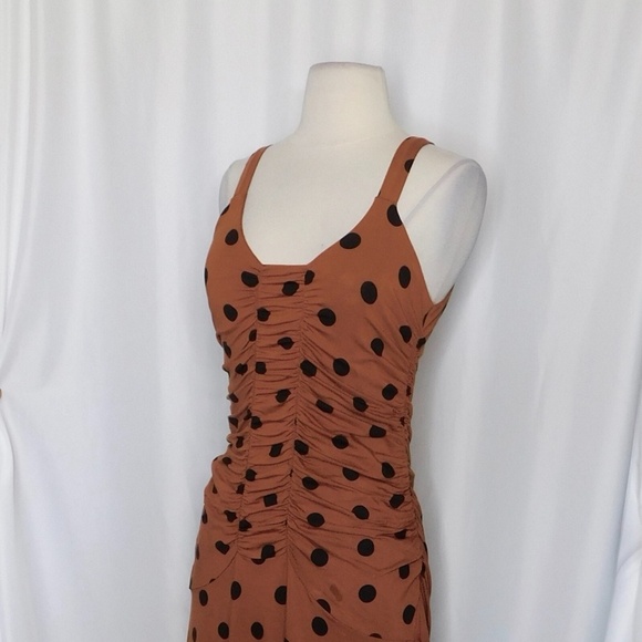 NWT!! ANTHROPOLOGIE Ruched Midi Dress Brown Black Polka Dots Party X-Small - Picture 7 of 14